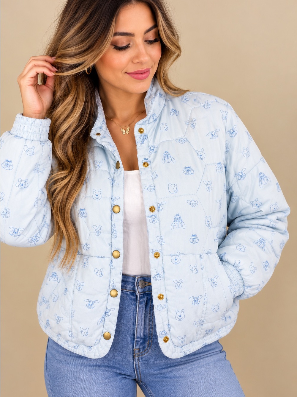 Disney Light Blue Quilted Puffer Jacket with Gold Buttons